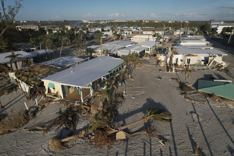 Damage from Hurricane Milton is seen at a mobile home community on Manasota Key, in Englewood, Florida after the storm hit