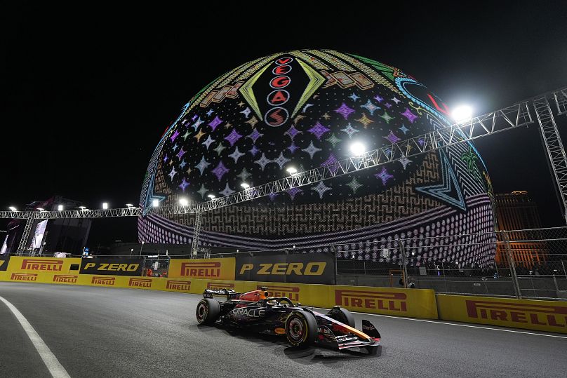  Red Bull driver Max Verstappen, of the Netherlands, drives past the Sphere during the Formula One Las Vegas Grand Prix auto race, on 18 November 2023, in Las Vegas