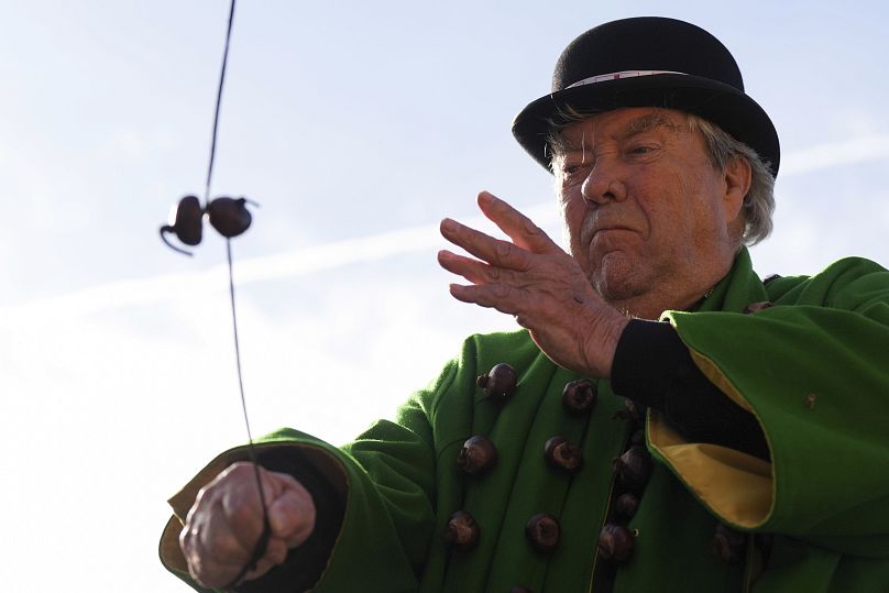 King Conker David Jakins takes part in the annual World Conker Championships at the Shuckburgh Arms in Southwick, Peterborough, England - 13 October 2024