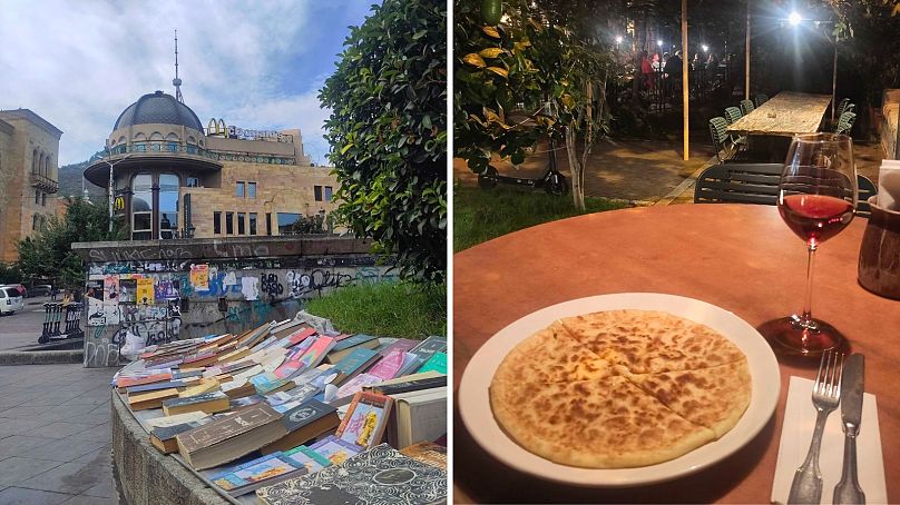 One of Tbilisi's numerous street book markets, and a plate of mouth-watering khachapuri at Keto and Kote. 