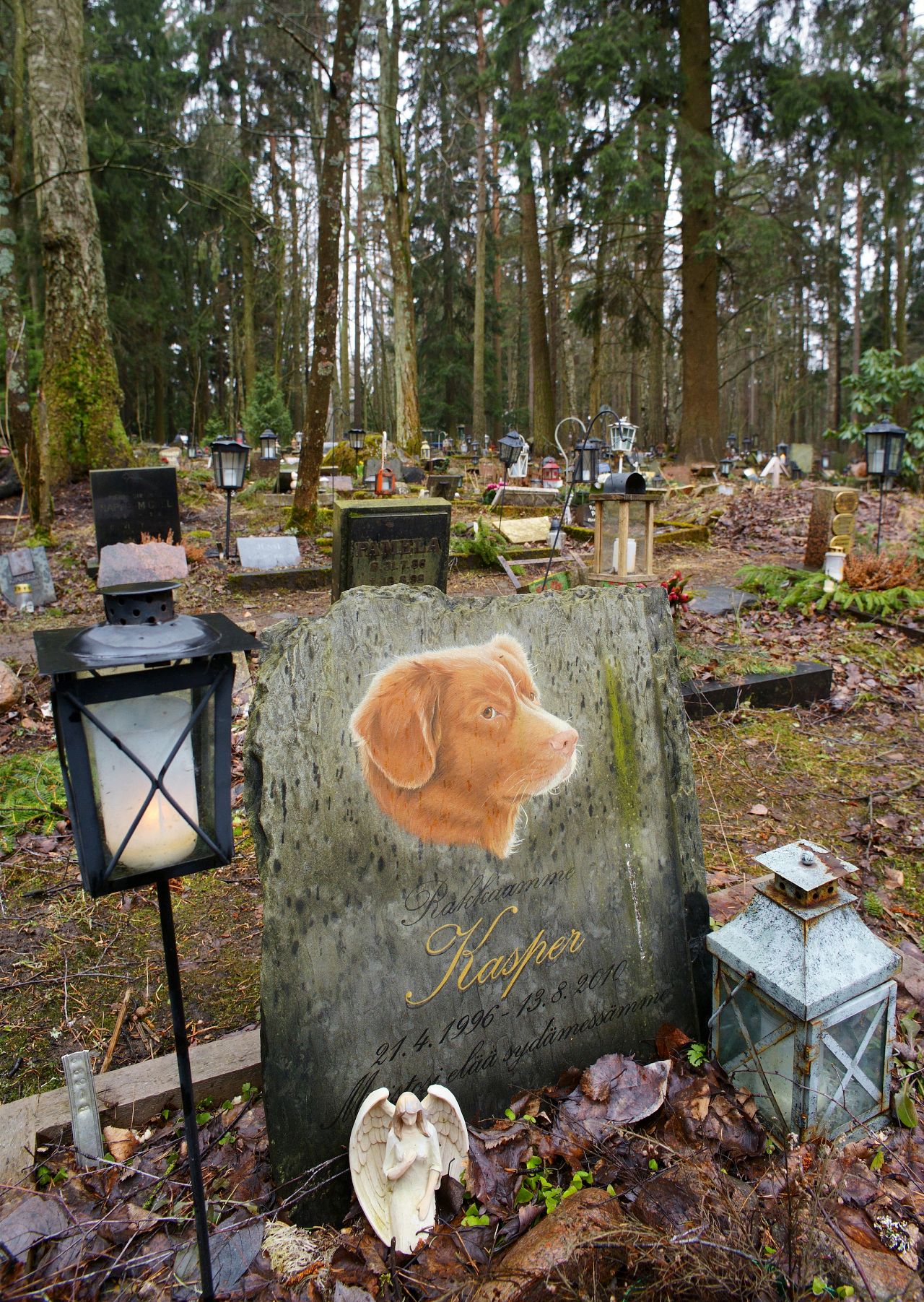 The pet cemetery in Helsinki features hand-painted pet portraits. 