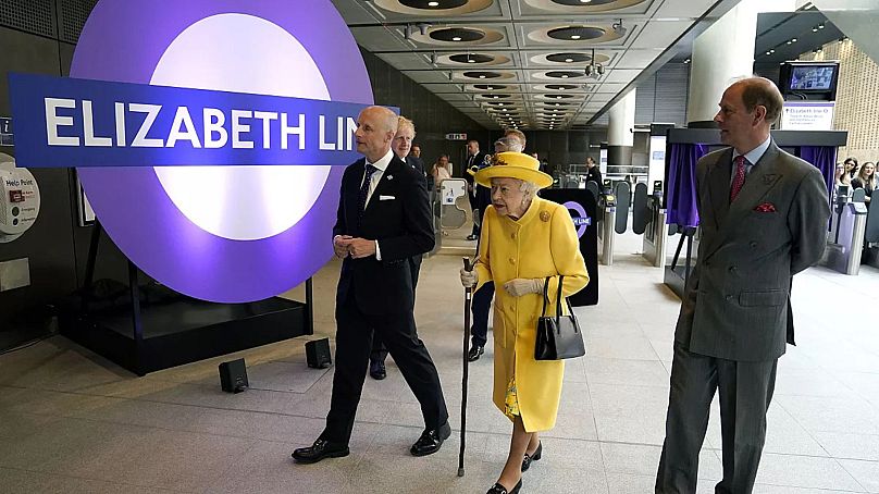 Britain's Queen Elizabeth II and Prince Edward meet Transport for London commissioner Andy Byford and staff at Paddington station, 17 May 2022.