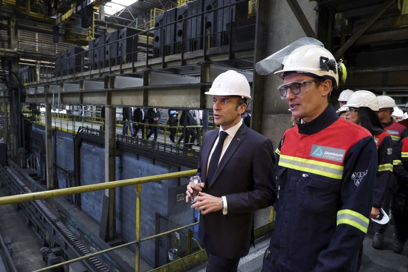 French President Emmanuel Macron visits the Aluminium Dunkerque factory in Dunkirk, May 2023