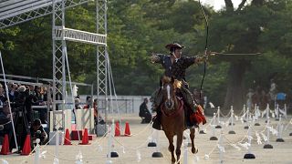 Traditional Japanese horseback archery, known as "yabusame," was performed on Wednesday at the Nikko Toshogu Shrine in Tochigi Prefecture, north of Tokyo. 