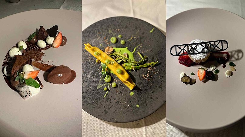 Chocolate mousse with seasonal fruits / Pasta bombon with braised meat filling, peas, champignon and green asparagus / Millefeuille with vanilla cream and wild berries