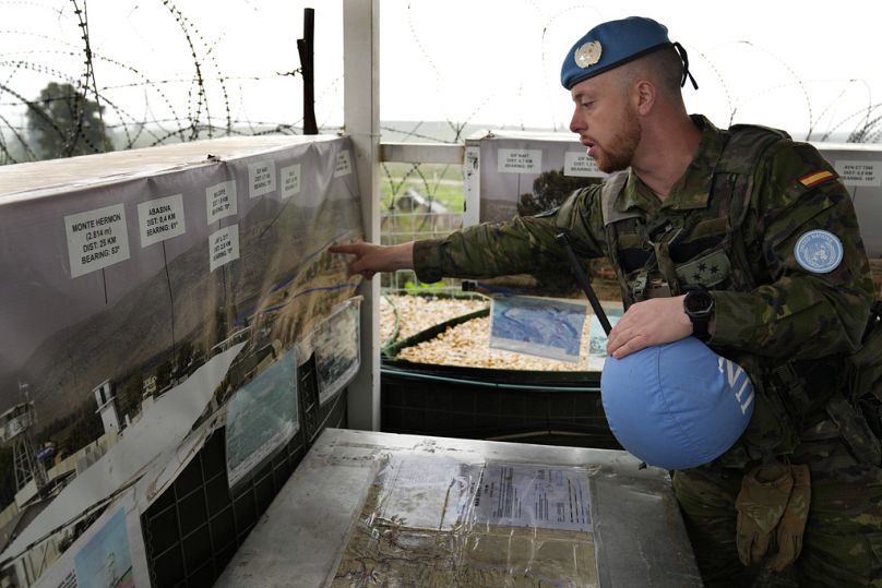 Captain Hector Alonso Garcia of the Spanish UNIFIL battalion mans an observation tower in Abbassiyeh, a Lebanese village on the Israeli border.