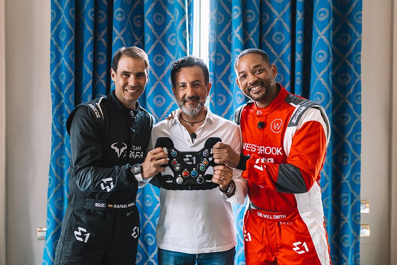 Rodi Basso, the CEO and co-founder of E1, with actor Will Smith and tennis player Rafael Nadal, at the E1 Lake Como race