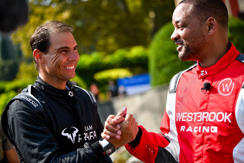 Actor Will Smith, owner of the E1 team Westbrook Racing, with tennis player Rafael Nadal, owner of Team Rafa, at the E1 Lake Como race.