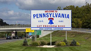 A new highway sign on Interstate 80 with the slogan Let Freedom Ring welcomes visitors traveling into Pennsylvania in Monroe County, PA, 3 October 2024.