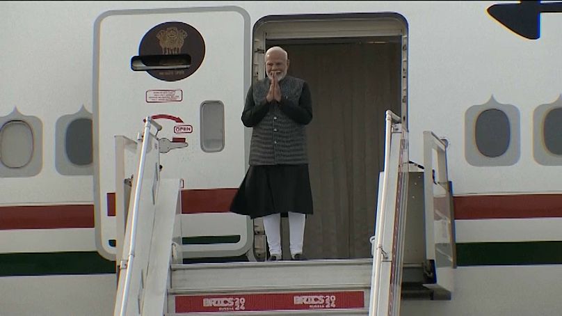 Le Premier ministre Narendra Modi à son arrivée à l'aéroport de Kazan en Russie, le 22 octobre 2024