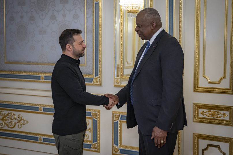 Ukrainian President Volodymyr Zelenskyy welcomes US Defence Secretary Lloyd Austin to Kyiv.