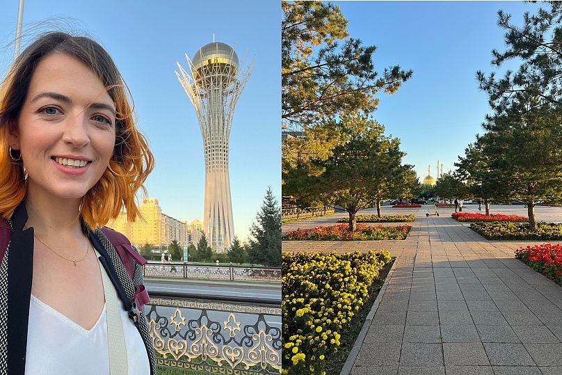 Baiterek monument & view of Nur Astana Mosque, Astana