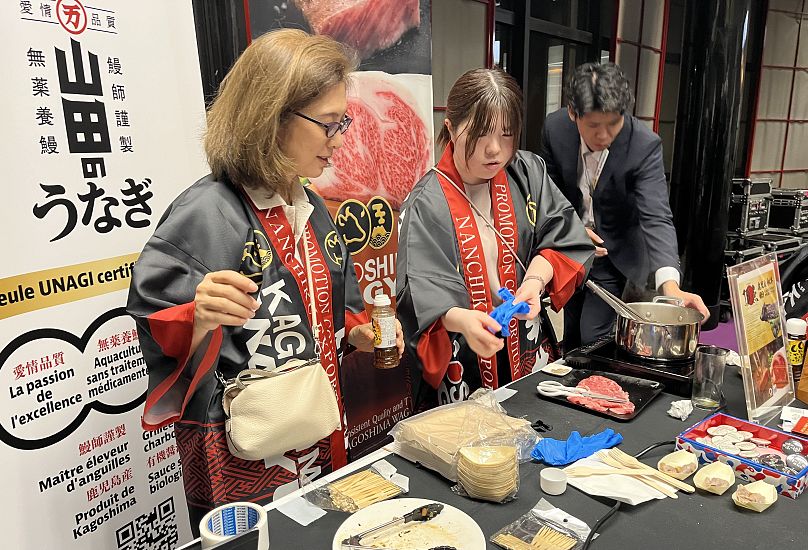 Producers exhibit Japanese wagyu beef, a Japanese national delicacy.
