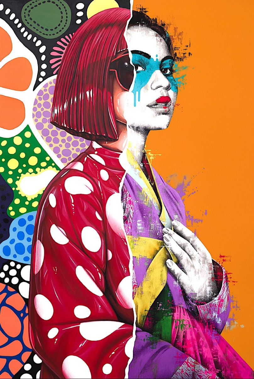 A work from Fin DAC's HomEage series, combining his own style with Yayoi Kusama's. 