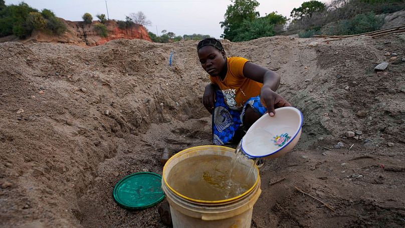  Una mujer vierte agua de un agujero que ha cavado en un cauce seco in Lusitu, a 18 de septiembre, mientras Zambia sufre una de sus peores sequías.