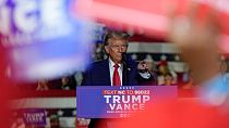 Republican presidential nominee former President Donald Trump speaks at a campaign rally at Williams Arena at Mignes Coliseum, Monday, Oct. 21, 2024, in Greenville, N.C..