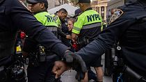 Police officers detain a demonstrator protesting Israel's war against Hamas as they occupy an area outside the New York Stock Exchange, Monday, Oct. 14, 2024, in New York.