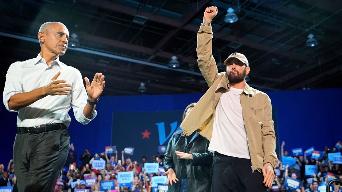 Detroit rapper Eminem joins Barack Obama in campaigning for Kamala Harris at rally