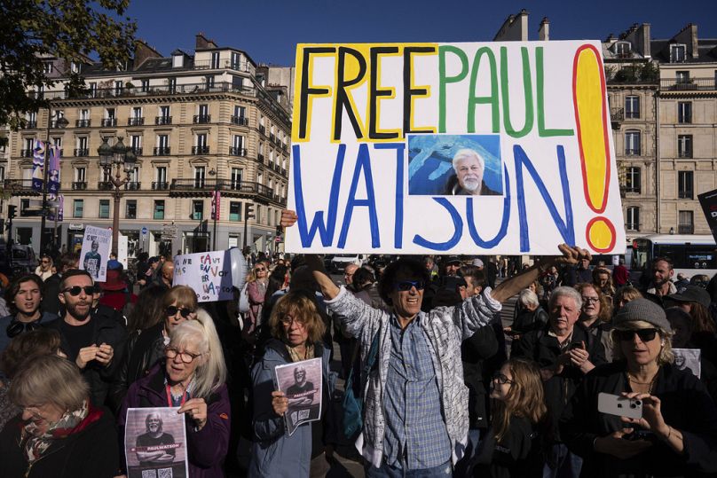 People demonstrate to support Sea Shepherd founder Paul Watson Wednesday, Oct. 23, 2024.