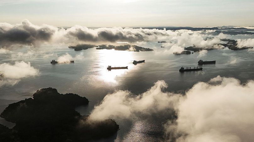 Cargo ships wait to transit the Panama Canal in Gatun Lake in Colon, Panama, Sept. 2, 2024. 