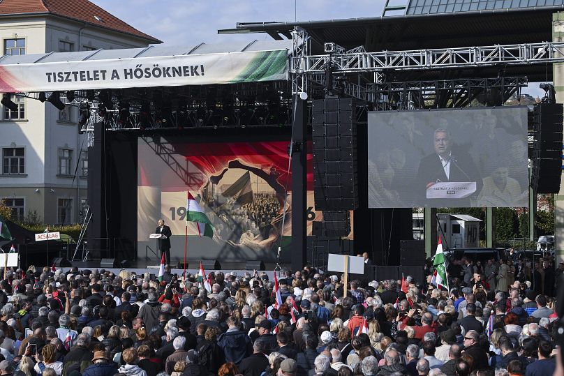 Der ungarische Ministerpräsident Viktor Orbán sprach am Mittwoch, den 23. Oktober 2024, auf dem 68. Jahrestag der Ungarischen Volksaufstandes von 1956 in Budapest.