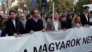 Il leader dell'opposizione Péter Magyar e i suoi sostenitori in marcia