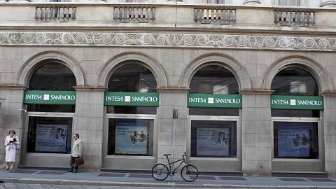 A view of an Intesa Sanpaolo bank branch in Milan, Italy,Thursday, Sept. 22, 2011. 