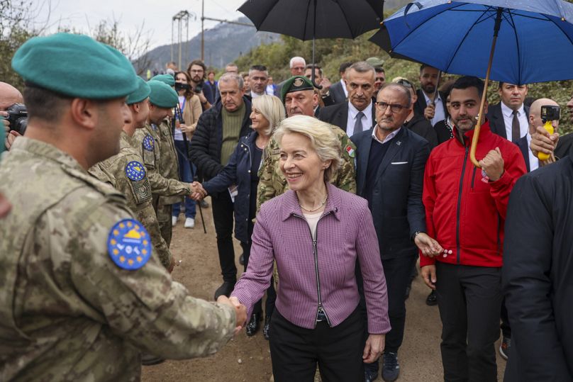 European Commission president Ursula von der Leyen during her visit to the area that was recently hit by floods and landslides, in Jablanica, Bosnia, Thursday, Oct. 24, 2024