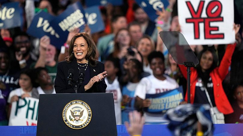 Democratic presidential nominee Vice President Kamala Harris speaks during a community rally at the Alan Horwitz "Sixth Man" Center, Sunday, Oct. 27, 2024, in Philadelphia.