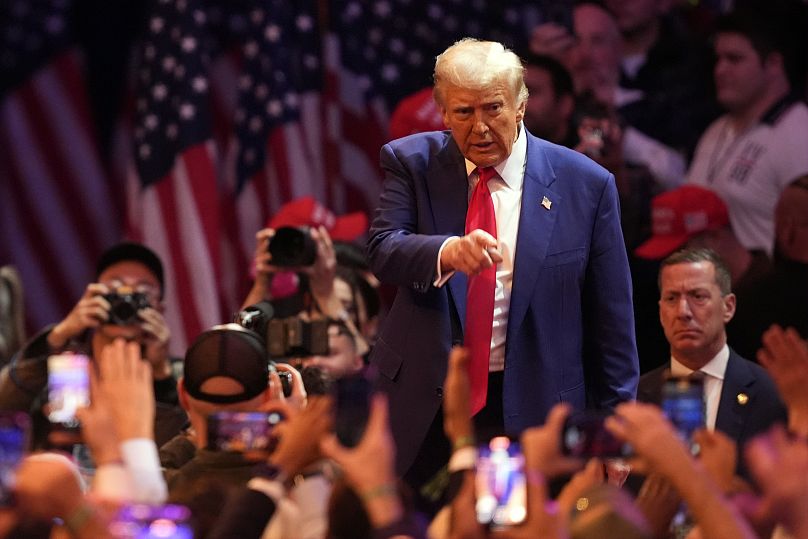Republican presidential nominee former President Donald Trump gestures at a campaign rally at Madison Square Garden, Sunday, Oct. 27, 2024, in New York. 