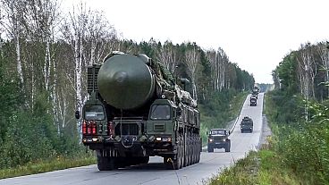 FILE - Russian Yars strategic ballistic missiles launcher rolls during a drills in Novosibirsk region, Russia. Oct. 1, 2024 FILE - Russian Yars strategic ballistic missiles launcher rolls during a drills in Novosibirsk region, Russia. Oct. 1, 2024