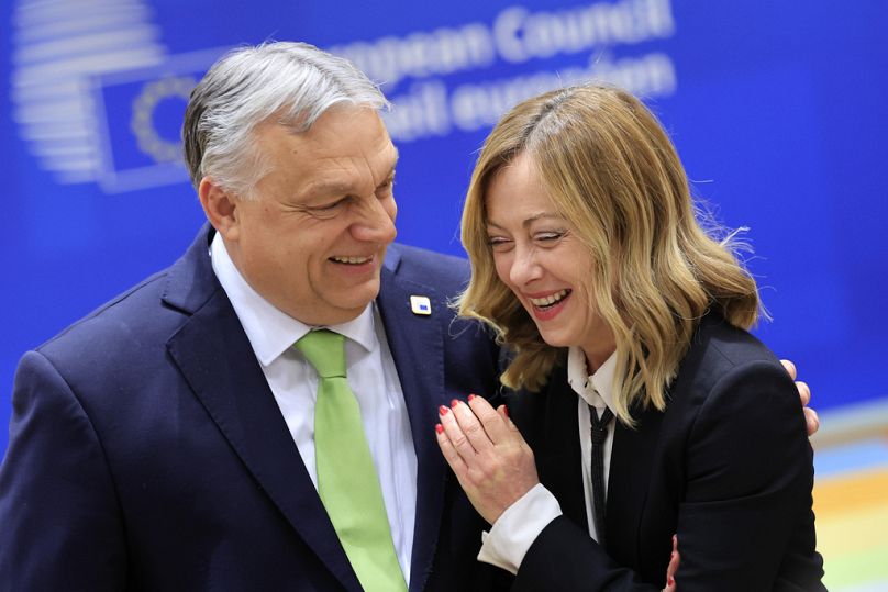 Orbán Viktor és Giorgia Meloni a brüsszeli EU-csúcson 2024. március 21-én