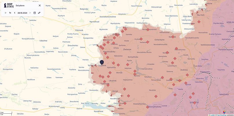 Der Verlauf der Front in der Region Donezk, mit der womöglichen Einnahme Selydowes.