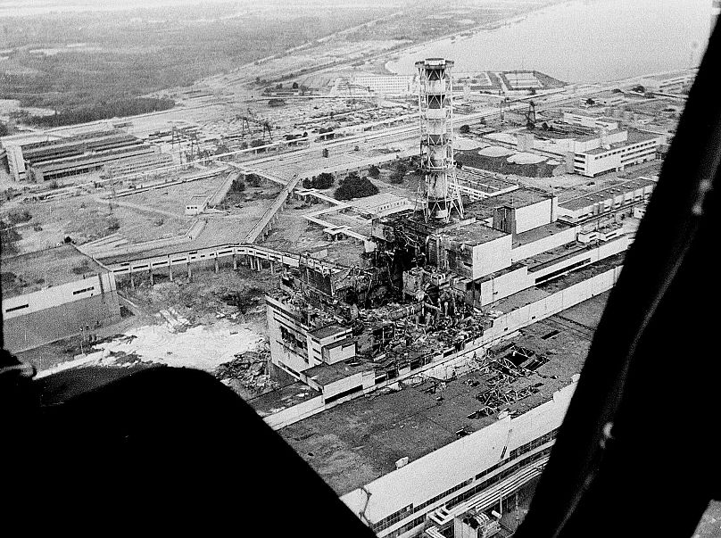 n aerial view of Ukraine's Chernobyl nucler power plant, the site of the world's worst nuclear disaster, is seen a few days after the April 26 deadly explosion in May 1986.