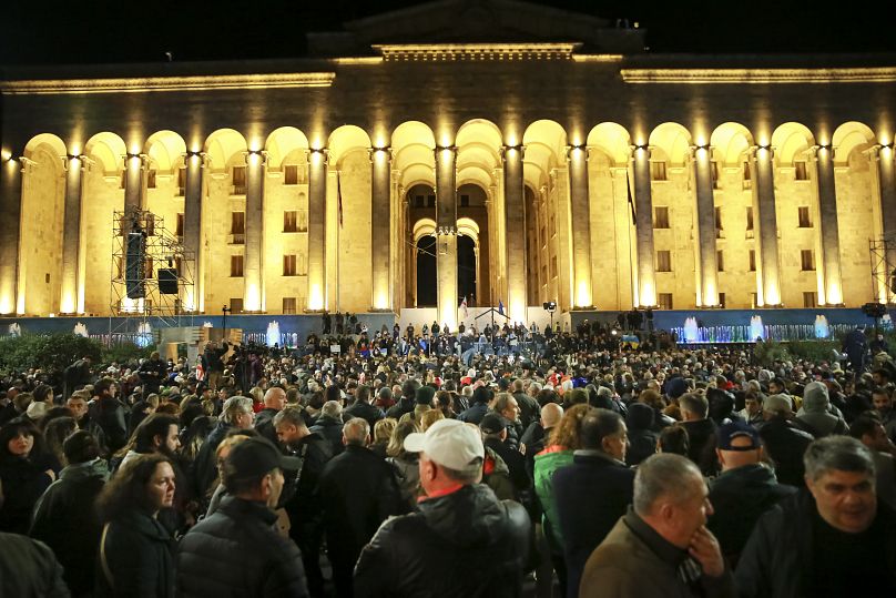 Demonstrators gather infront of Georgian Parliament building during an opposition protest against the results of the parliamentary election in Tbilisi, Georgia.