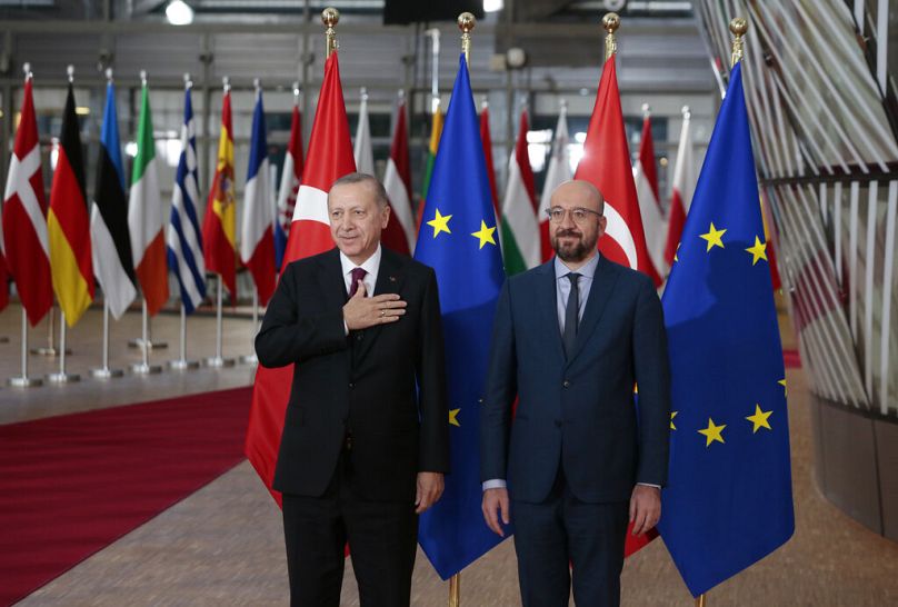 Erdoğan török elnök és Charles Michel uniós tanácsi elnök, Brüsszel, 2020