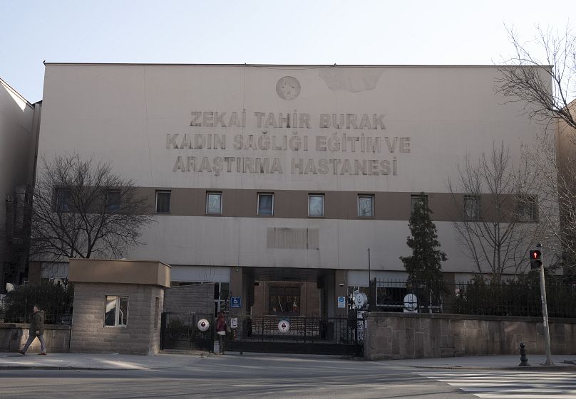 The entrance of Zekai Tahir Burak Hospital in Ankara, Turkey.