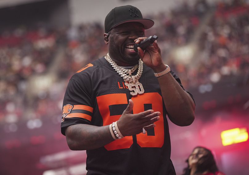 50 Cent performs a Canadian Football League game between the Calgary Stampeders and the BC Lions on Saturday, June 15, 2024, in Vancouver, British Columbia