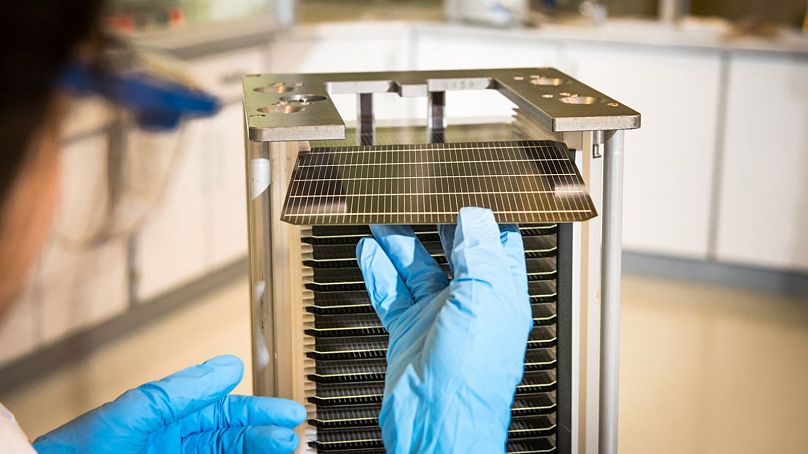 Perovskite-on-silicon solar cells at the laboratory in Oxfordshire.
