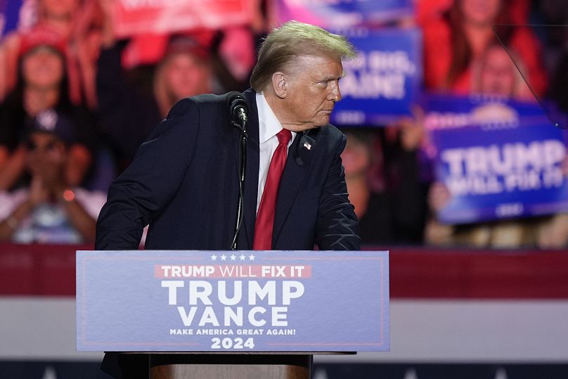 Republican presidential nominee former President Donald Trump speaks during a campaign rally at First Horizon Coliseum in Greensboro, 2 November, 2024