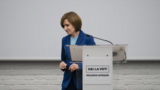 Moldova's President Maia Sandu leaves after speaking to the media during a press briefing after the polls closed for the presidential election runoff, 3 November, 2024