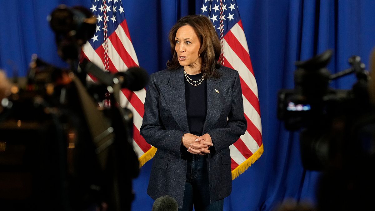 US Vice President Kamala Harris addresses reporters in Detroit.