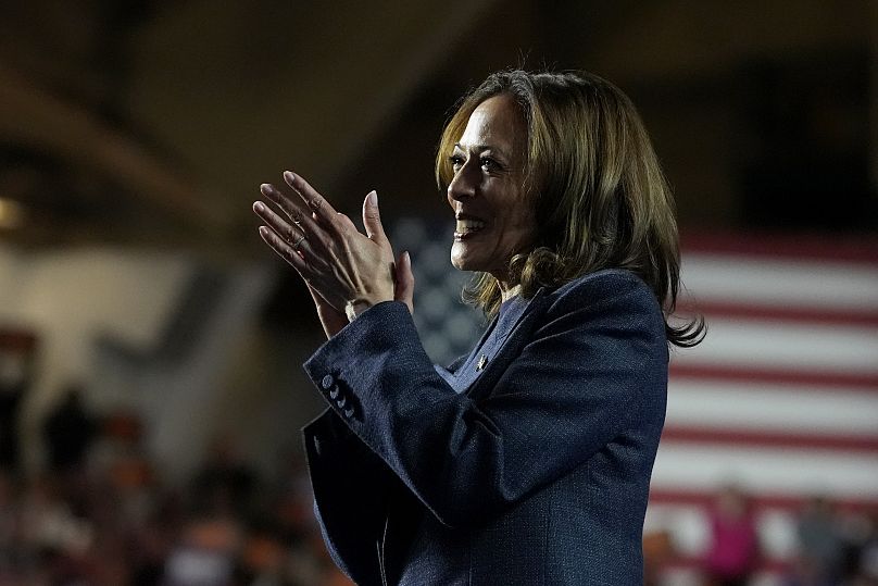 Vice President Kamala Harris speaks during a campaign rally at Jenison Field House on the campus of Michigan State University, 3 November, 2024