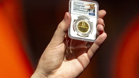 A bitcoin token is shown at the Bitcoin 2024 conference, Saturday, July 27, 2024, in Nashville, Tenn., attended by Republican presidential candidate Donald Trump.