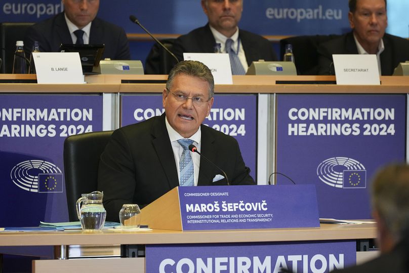 Le Slovaque Maroš Šefčovič, candidat au Commerce et à la Sécurité économique, s'exprime lors de son audition de confirmation à Bruxelles, le lundi 4 novembre 2024.