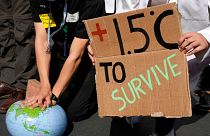 Demonstrators pretend to resuscitate the Earth while advocating for the 1.5 degree warming goal to survive at COP27 in 2022.