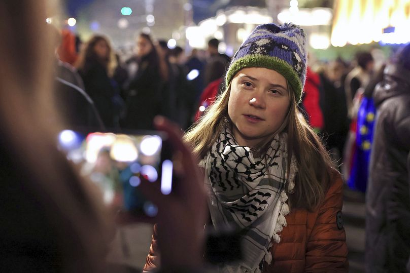 Sweden's climate activist Greta Thunberg takes part in a rally against alleged violations in a recent parliamentary election in Tbilisi, Georgia, on Monday, Nov. 4, 2024.