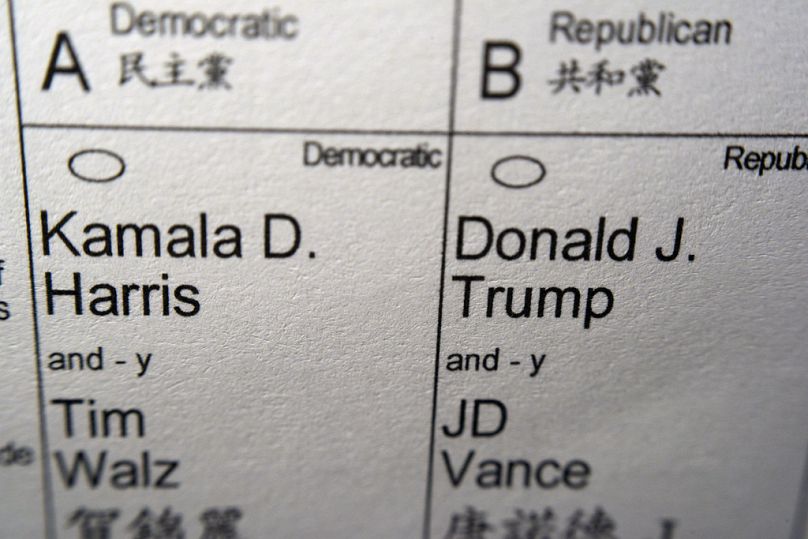 Candidates for president and vice president of the United States are seen on part of a mail-in election ballot in New York on Sunday, Nov. 3, 2024.