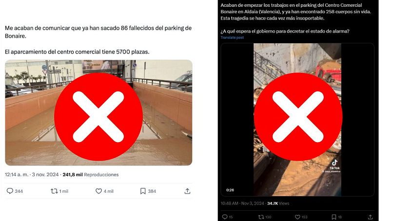 Dos de los muchos post que difunden desinformación sobre el aparcamiento del centro comercial Bonaire de Valencia.