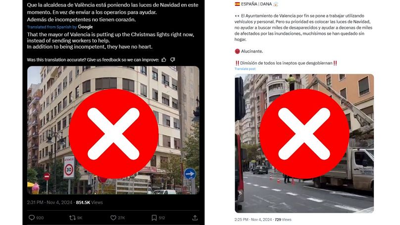 Dos posts engañosos de personal del Ayuntamiento de Valencia colocando supuestamente adornos navideños durante el periodo de rescate.